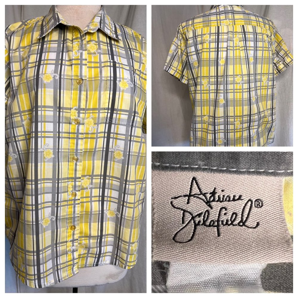 Adrian Delafield blouse L/XL Yellow gray plaid flowers short sleeve pocket colla